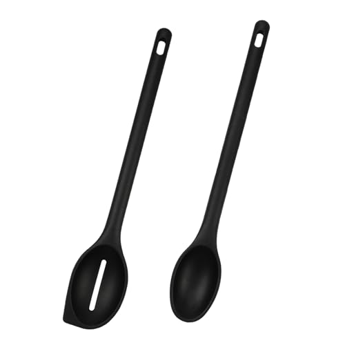 inodiref 30cm Silikon Kochlöffel Set aus 2 Schwarz Hitzebeständiger Silikon Kochlöffel Kochlöffel Silikon Silikon Mischlöffel Set BPA Frei zum Kochen Backen Schöpfen Rühren