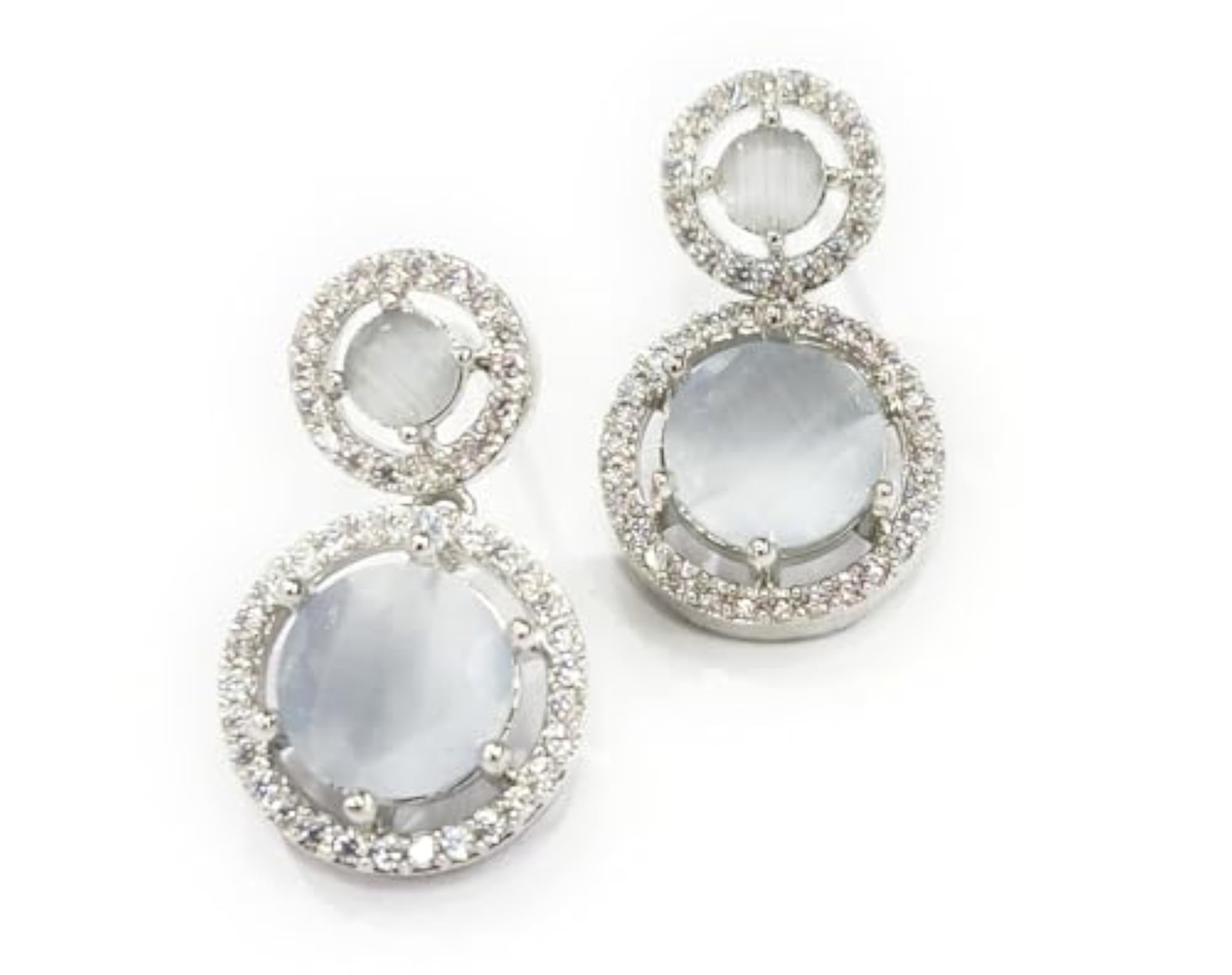 Women's Silver Plated Drop Earrings with Double Grey Stones, Stylish