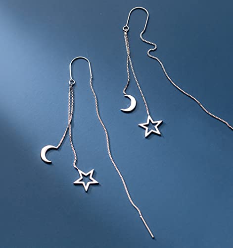 Reffeer Solid 925 Sterling Silver Moon Star Threader Dangle Earrings Chain for Women Teens Long Dangle Earrings Tassel Chain3