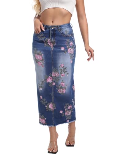 ebossy Women's High Waist Floral Printed Back Slit Frayed Hem Mid Long Bodycon Denim Skirt