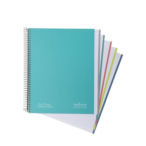 Navigator - Cuaderno Cuadriculado a4 + 5x5, Tapa Extradura, Verde, Borde 5 Colores, Papel 80g, 120 Hojas Microperforadas 4 Taladros, Espiral Cierre Coil-Lock, Papel Premium Writing