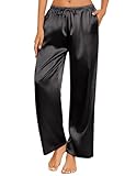 Ekouaer Womens Silk Satin Pajama Pants Casual Loose Lounge Pants Drawstring Elastic Waist Wide Leg Pj Bottoms with Pockets, Black, X-Large