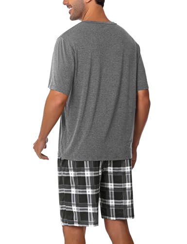 Sykooria Mens Cotton Pajamas Set 2 Piece Soft Sleepwear Short Sleeve Top & Plaid Shorts With Pockets2