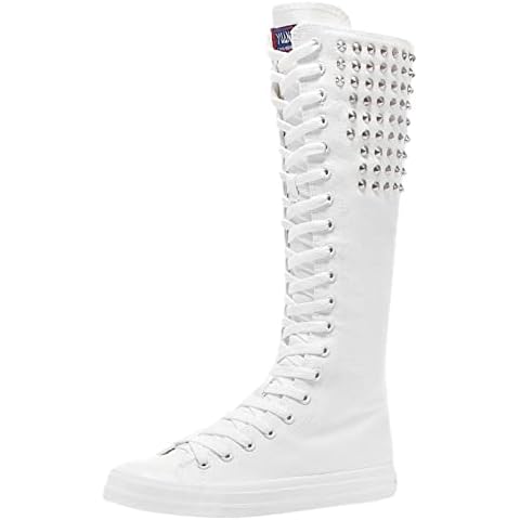 shenn Women's Canvas Boot Knee High Lace-up Zip Cheerleader Sneakers White Rivets,6.5 Cover