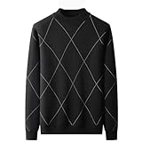 Men Mock Neck Casual Pullover Sweater Long Sleeve Plaid Soft Warm Casual Jumpers Black 7XL