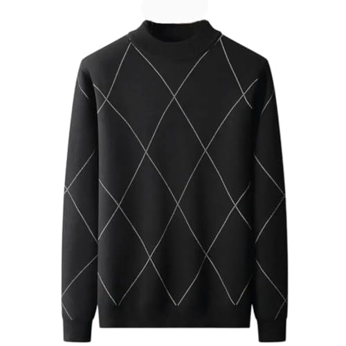Men Mock Neck Casual Pullover Sweater Long Sleeve Plaid Soft Warm Casual Jumpers Black 7XL