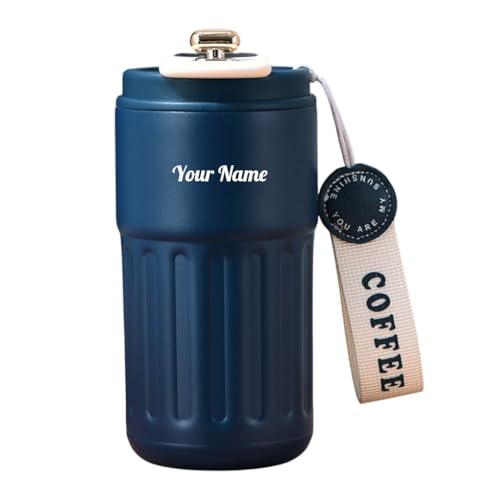 Image of Giftana Personalized Tumbler with LED Temperature Display, Customized Stainless Steel Coffee Mug with Secure Lid & Carrying Strap (Blue, 420ml)