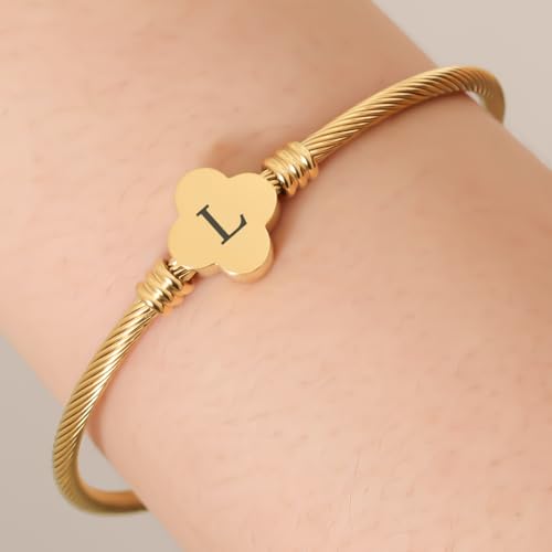 14K Gold Plated Personalized Flower Bracelet Set with Initial Charm Trendy Stackable Jewelry for Women4