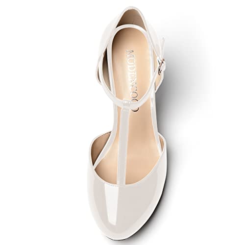 MODENCOCO Women's Patent Buckle Ankle Strap Solid Round Toe T Strap Block High Heel Pumps Shoes 3.5 Inch3