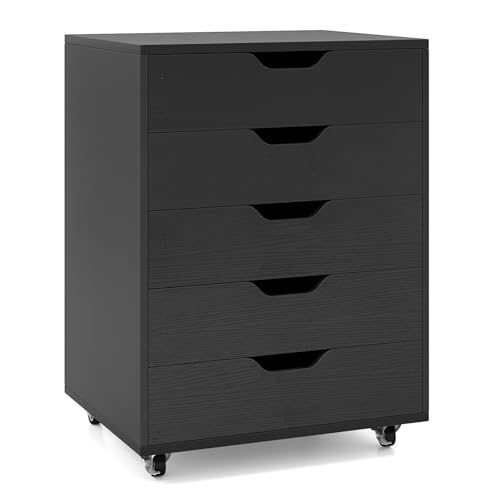 GIANTEX Rollcontainer mit 5 Schubladen, Aktenschrank mit Rollen, Schubladenschrank Holz unter Schreibtisch, Druckertisch für Zuhause & Büro (Schwarz, 49 x 40 x 65 cm)