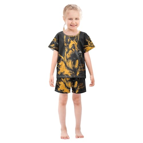 ALAZA Yellow Puppy Dog Black Pajamas Set Short Sleeve Cotton Sleepwear Summer Pjs 2 Piece 5-14Y3