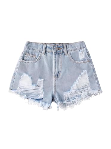 Ecolala Girls Ripped Jean Shorts High Waisted Straight Leg Denim Shorts with Pockets Blue 7-8Y