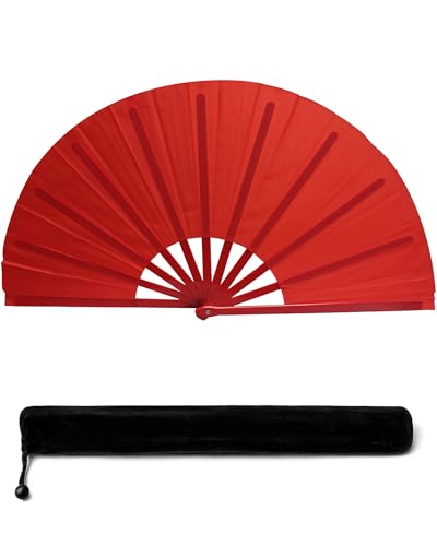 13IN Red Large Popping Hand Fan for Line Dancing Clacking Premium Silk Boots On The Ground Hand Fan Chinese Rave Fan for Women Dancer Drag Queen Anyone in Pride Month Party Beach EDM