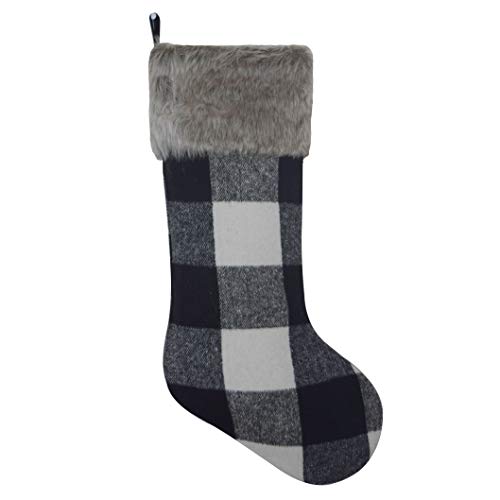 Gireshome White and Black Buffalo Check Plaid Body, Gorgeous Faux Fur Cuff Christmas Stocking (10 inch x 18 inch)