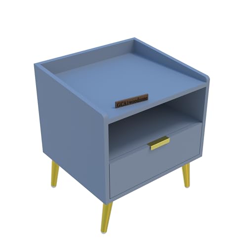 Image of Wooden Bedside Table for Bedroom | Wooden Bed Side Nightstand Lamp Table with 1 Drawers & Open Shelf Storage for Home & Hotels | HDMR Wood & Iron Legs, Matte Slate Blue | Pack of 2
