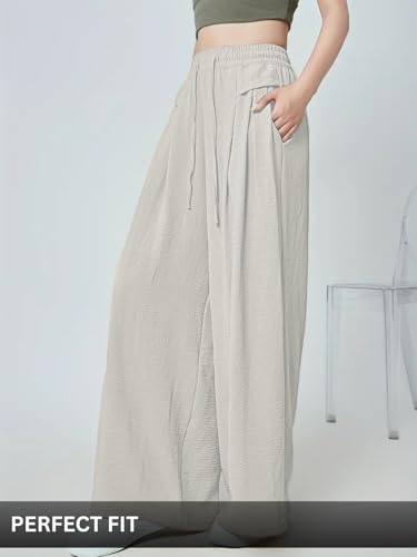 Image of GRECIILOOKS High Waist Polycotton Trousers for Women - Flared Parachute Pants with Side Pockets | Casual Travel Cargo Pants (Available in Plus Size and Value Pack)