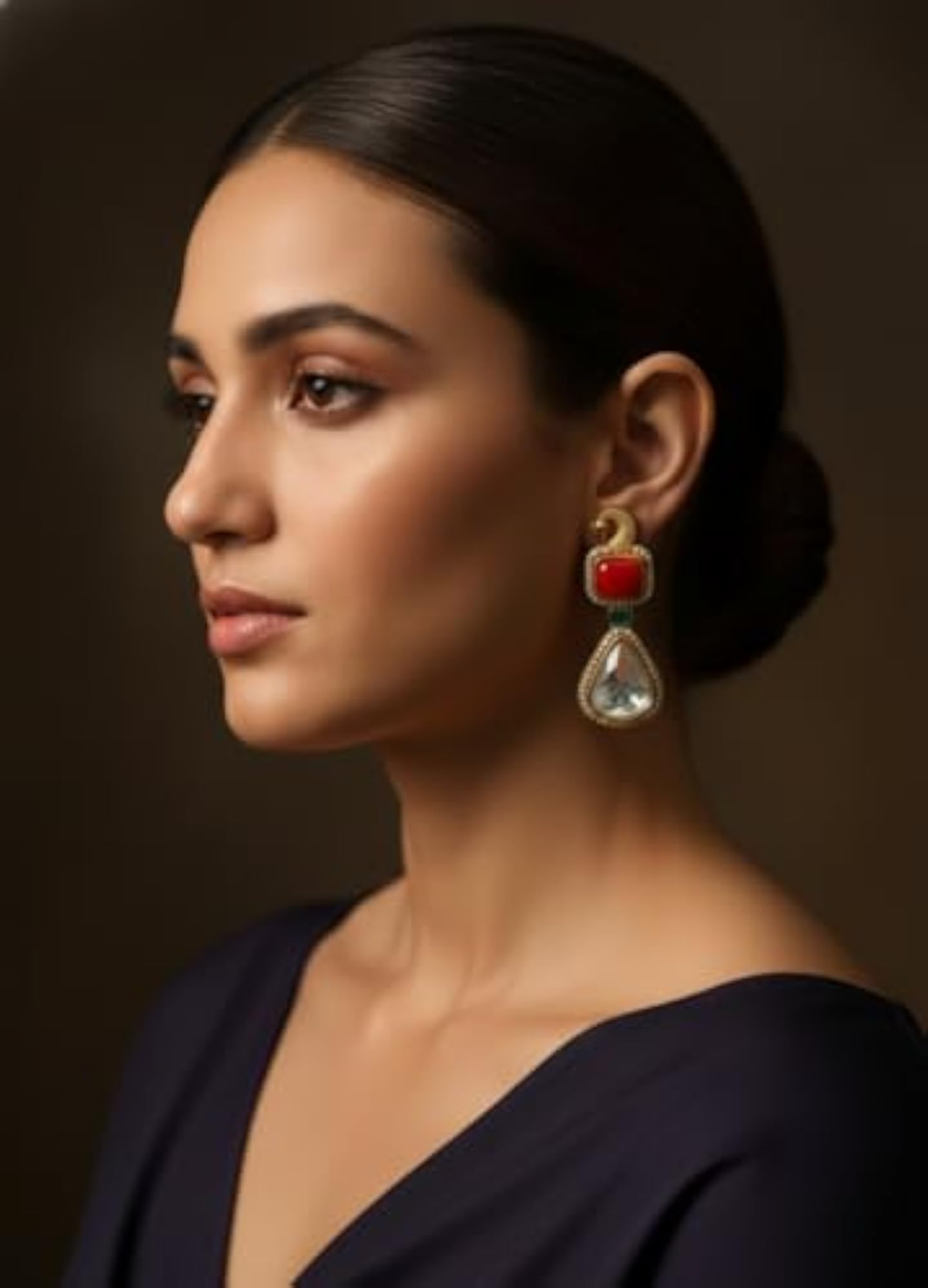 Women's Gold-Plated Traditional Drop Earrings with Red & Clear Stones