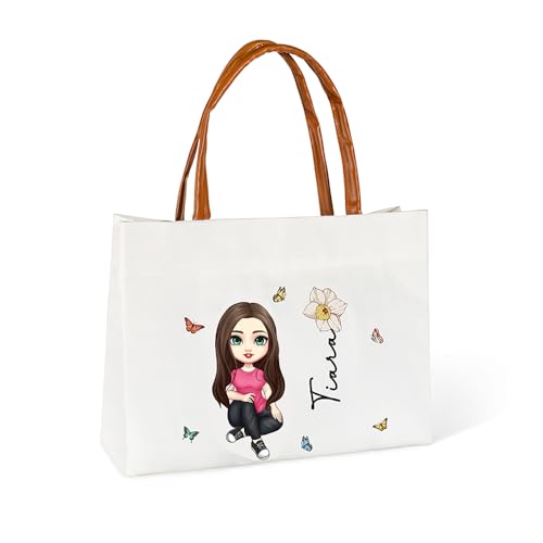 Bolso tote de lona personalizado para mujer con personaje de dibujos animados y flor de nacimiento, nombre y personaje personalizados, blanco, mediano, cierre con cremallera, para compras y viajes miniatura 1