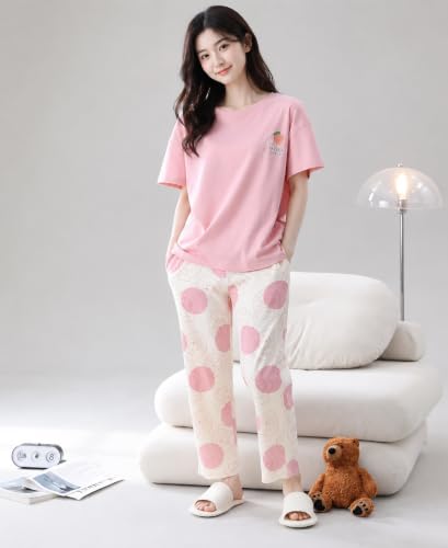 Image of Women Printed T-Shirt and Track Pant Set | Cotton Co-Ord Night Suit for Women | Lounge Wear, Sleepwear, Gym Wear | Half Sleeve Top & Elastic Waist Joggers | Stylish