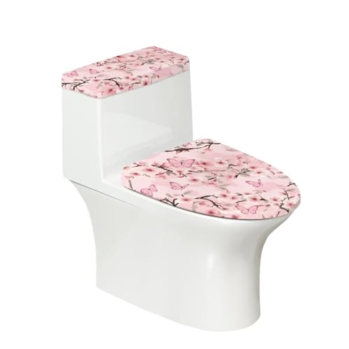 Bivxisrvo Pink Butterfly Print Toilet Seat Lid Cover Polyester Fabric Toilet Seat Covers for Bathroom Dustproof and Waterproof Toilet Seat Cover Set Universal for Most Toilet Bowl Lids