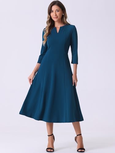 Image of Allegra K Womens 3 /4 Sleeve A-Line Business Work Formal Midi Dress | Elegant Dresses with Pockets, V Neck, Cockatail Party Church Funeral Outfits, Spring Fall Winter