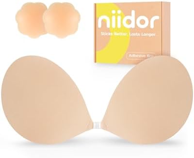 Niidor Adhesive Bra Strapless Ultra Sticky Invisible Push up Silicone Bra Multiple Colors Sizes Reusable for Backless Dress