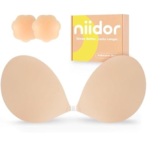 Niidor Adhesive Bra Strapless Ultra Sticky Invisible Push up Silicone Bra Multiple Colors Sizes Reusable for Backless Dress