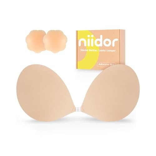 Niidor Adhesive Bra Strapless Ultra Sticky Invisible Push up Silicone Bra Multiple Colors Sizes Reusable for Backless Dress E½ Nude