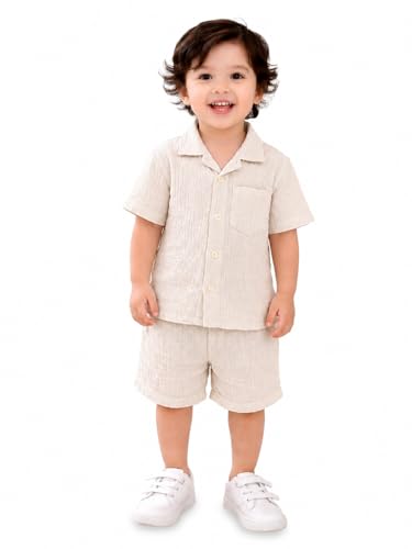 Image of Kidbea Organic Cotton Shirt & Pant Co-ord Set for Kids | Elegant & Comfortable Summer Wear | Stylish Half Sleeve Shirt with Bow & Comfy Shorts