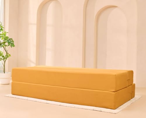 Image of uberlyfe Xtra High, Xtra Soft 3 Seater (6' x 6') Sofa Cum Bed | 1 Year Warranty | 17 inch Sofa Height | King Size Foldable Bed | Plush Pure Cotton Fabric | Mango Yellow Color