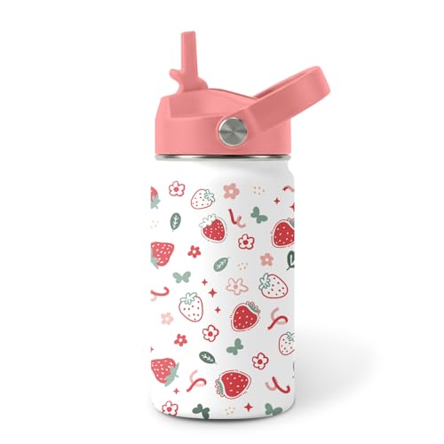 Image of Strawberry Water Bottle, Stainless Steel Insulated Tumbler with Straw Lid and Handle, 12oz Reusable Leak-proof Bottle for Sports