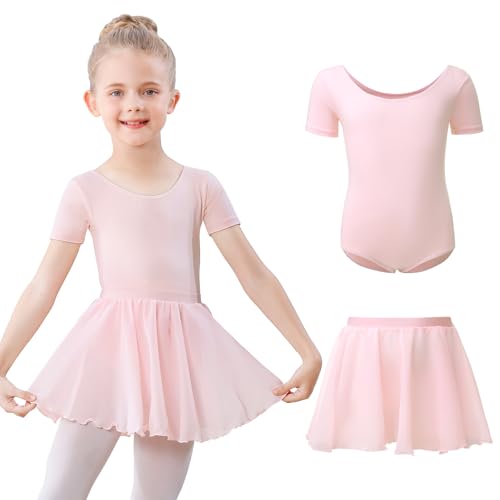 Kefiyis Ballet Leotard for Girls Short Sleeved Ballet Dress Outfit Cotton Dance Leotard with Removable Chiffon Skirt Ballerina Dress for 3-11 Years Pink 130