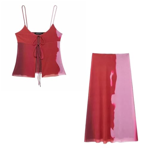 Women Tulle Printed Midi Skirt Sets Tulle Crop Top Suit Women 2 Pieces Two Piece Set Outfit