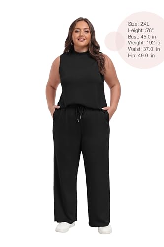 Lepunuo Two Piece Sets for Women Summer Mock Neck Sleeveless Top Wide Leg Pants Lounge Sets Vacation Travel Outfits4