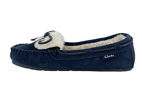Clarks Womens Folded Tongue Leather Moccasin Slipper ICH30746C - Plush Faux Fur Lining - Indoor Outdoor House Slippers For Women (9 M US, Navy)2