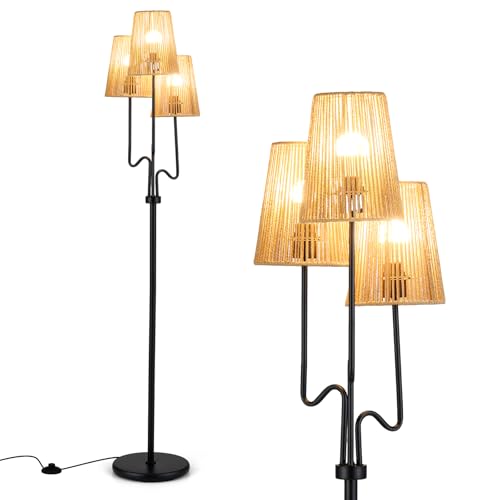 COSTWAY 3-Light Floor Lamp, Standing Corner Lamp with 3 Boho Paper Woven Lampshades, 3 E27 Sockets & Foot Switch, 175cm Tall Reading Floor Light for Living Room Bedroom Office, Bulbs Not Included