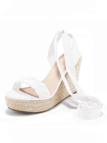 Image of Syktkmx Womens Braided Wedge Espadrille Sandals Lace Up Slingback Open Toe Summer Platform Heeled Shoes