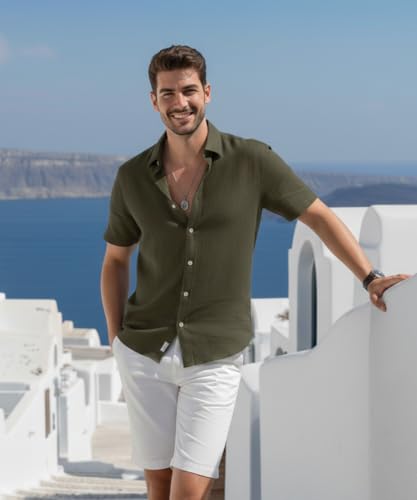 Image of VastraVibes Premium Cotton Linen Shirt for Men | Half Sleeve Slim Fit Casual Shirts | Lightweight Beach Wear & Festive Outfits | Trending Pastel Colors