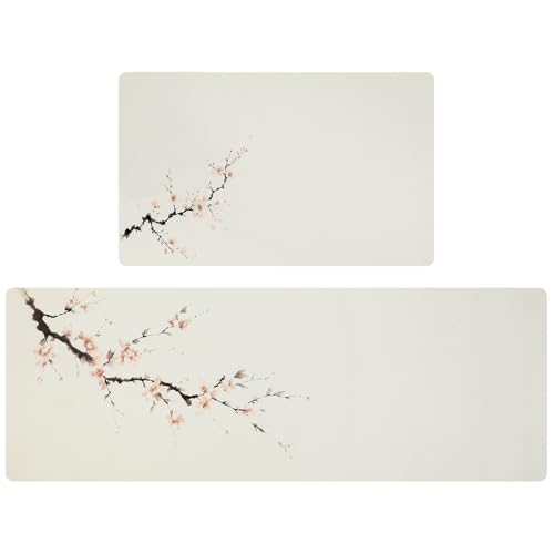 HAJETY Kitchen Mats for Floor,Comfort Kitchen Rug,Minimalist,Stain-Resistant and Washable Mat,Bathroom,Splash-Proof,Non-Slip,Set of 2, 27 * 17 + 47 * 17,Creative Design Mat,Cherry Blossoms