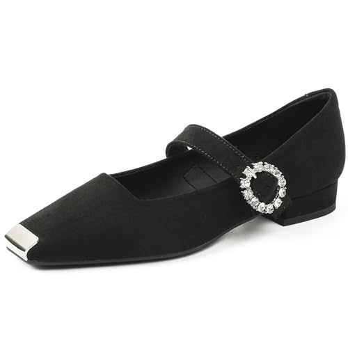 Women's Velvet Low Chunky Heel Mary Janes with Metal Cap Toe Fashion Rhinestone Buckle Strap Comfortable Square Toe Low Block Heel Dress Pumps for Daily Dating Wedding Party Shoes