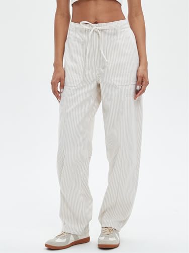 Striped Pants Women Loose Mid Rise Stripe Barrel Jeans Casual Wide Leg Denim Trouser with Drawstring4