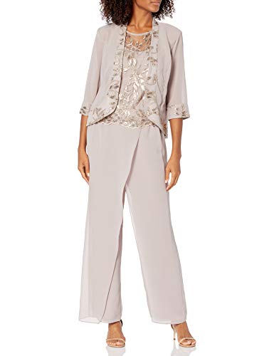 Le Bos Women's 3 Pc Embroidered Sequin Pant Set, Latte, 18