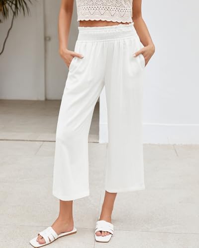LookbookStore Linen Pants Women Capri Wide Leg High Wasited Pull On Elasitc Waist Summer Beach Palazzo Capris Pants2