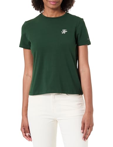 Tommy Hilfiger Maglietta da Donna TH Script Reg C-NK SS Tee WW0WW47809 S/S, Verde (Foresta Nazionale), XXS, Verde (Foresta Nazionale), XXS