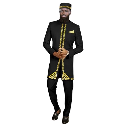 Dashiki African Suits for Men Slim Fit Embroidery Blazer Trousers and Caps Set Bazin Riche Attire Wedding