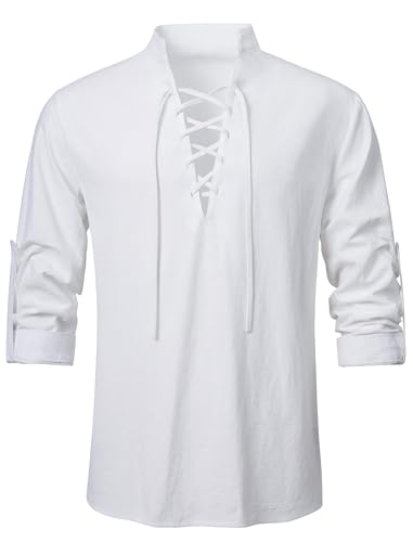 AIFARLD Men's Long Sleeve Shirts Retro Style Lace up for Medieval Viking Hippie Halloween Cosplay Pirate Renaissance Costume White