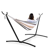 Sweetcrispy Double Hammock with Space Saving Steel Stand Heavy Duty 2 Person Standing Hammocks 450lb Capacity for Outside Garden Yard with Portable Carrying Bag, White