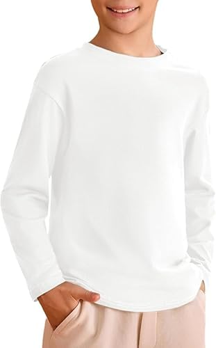 Haloumoning Camiseta para niño de manga larga, cuello redondo, monocolor, básica, de manga larga, tiempo libre, deporte, camisetas, Blanco, 13-14 años