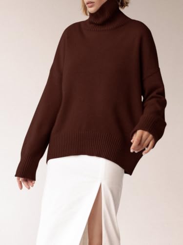 Image of YKR Women's Turtleneck Sweater Chunky Long Sleeve Knitted Pullover High Low Hem Trendy 2026 Fall Winter Basic Jumper Top