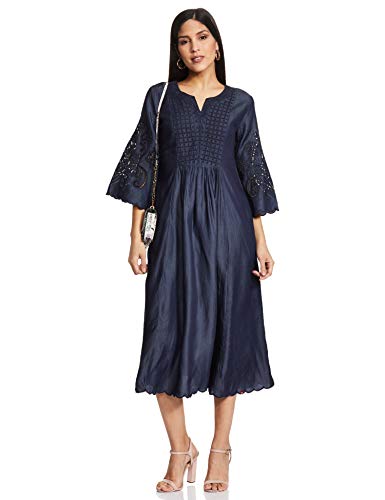 Image of BIBA Cotton Blend Dyed A-Line Casual Dress